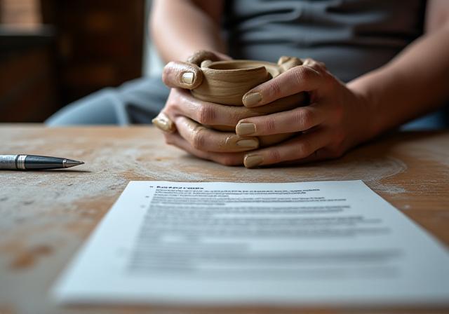 Close up of potter's hands on a clay wheel with a contract document beside them