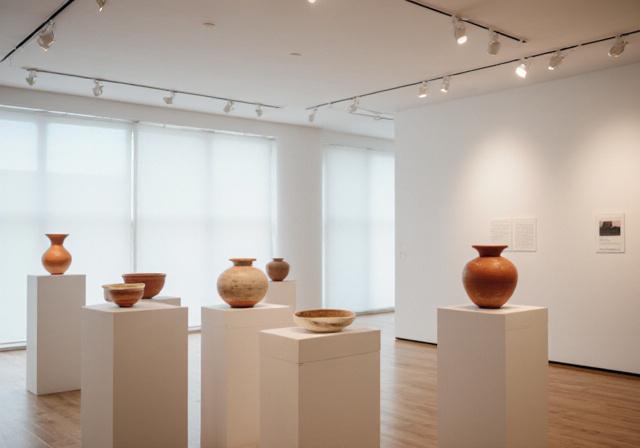 Modern ceramics gallery with clean displays and artistic lighting