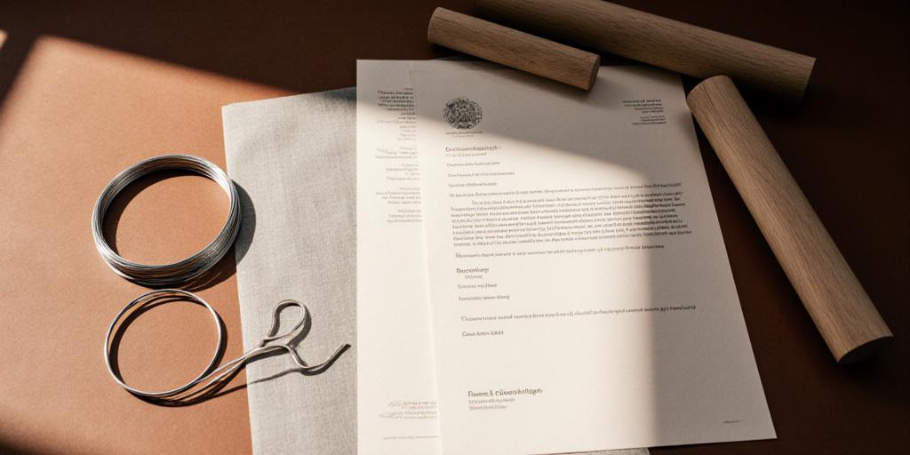 A clean, professional workspace with ceramic tools and legal documents